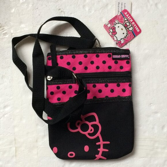 Hello Kitty Womens Crossbody Bag Black Pink Dots 2013 Sanrio NWT - Picture 1 of 8